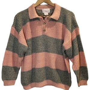 Vtg LSA CLASSICS Knit Sweater Size Large Long Sleeve Collared Striped 80’s Prep